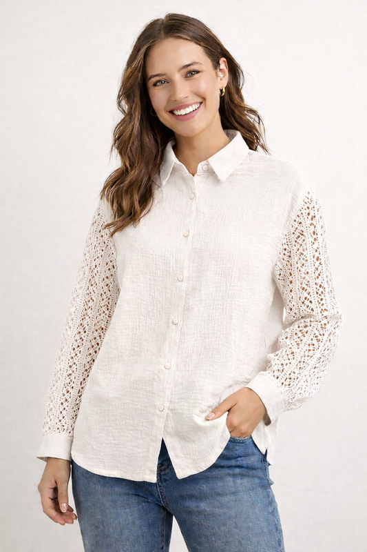 White Cotton Gauze Button Front Top with Crochet Lace Sleeves