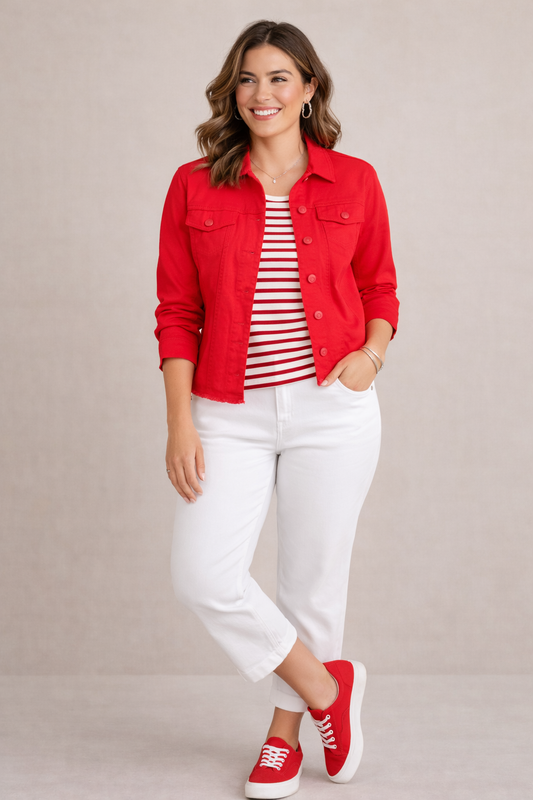 Red Frayed Denim Jacket w/ DTM Buttons