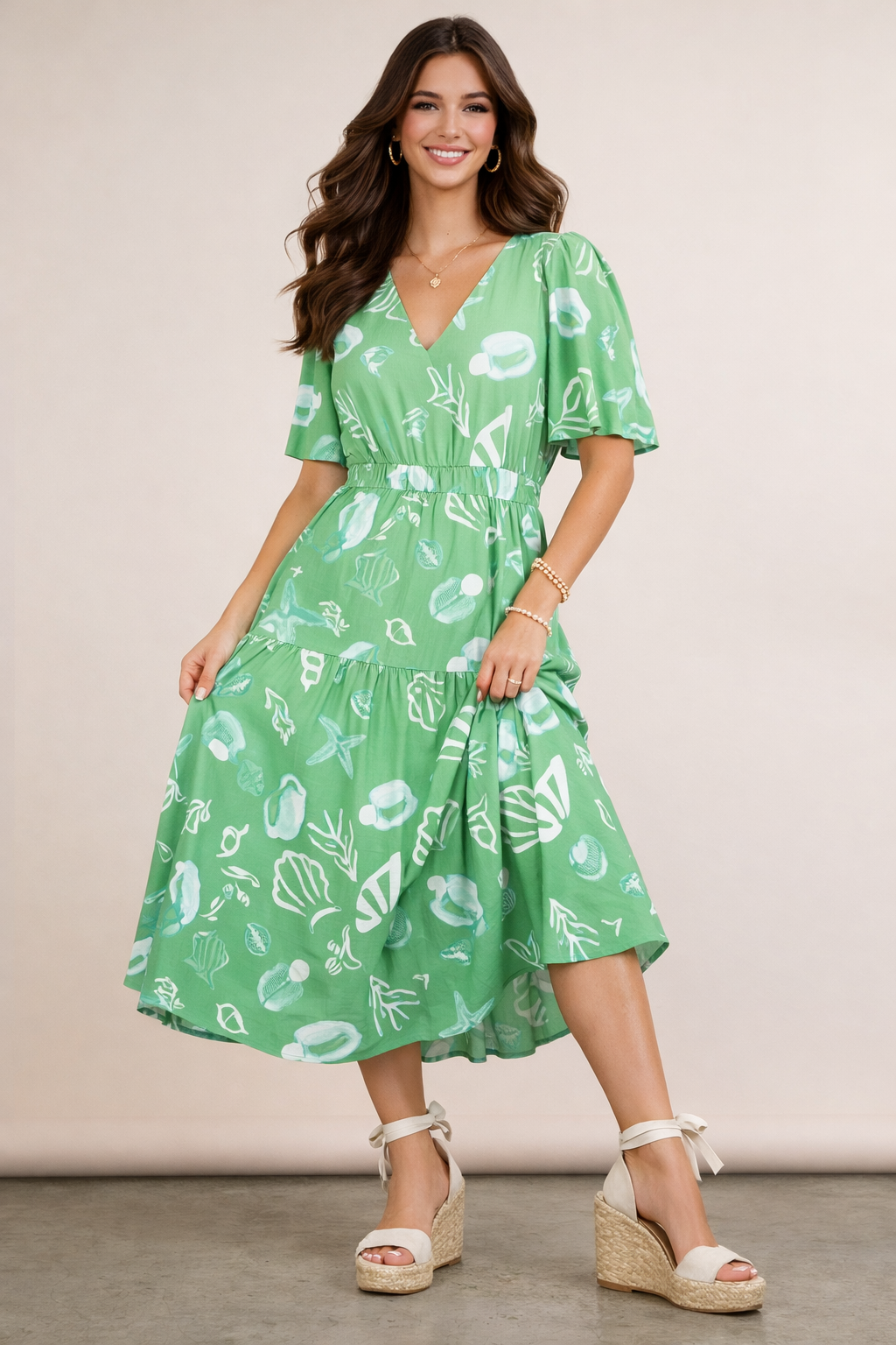 Coastal Motif Print Green V-Neck Midi Dress