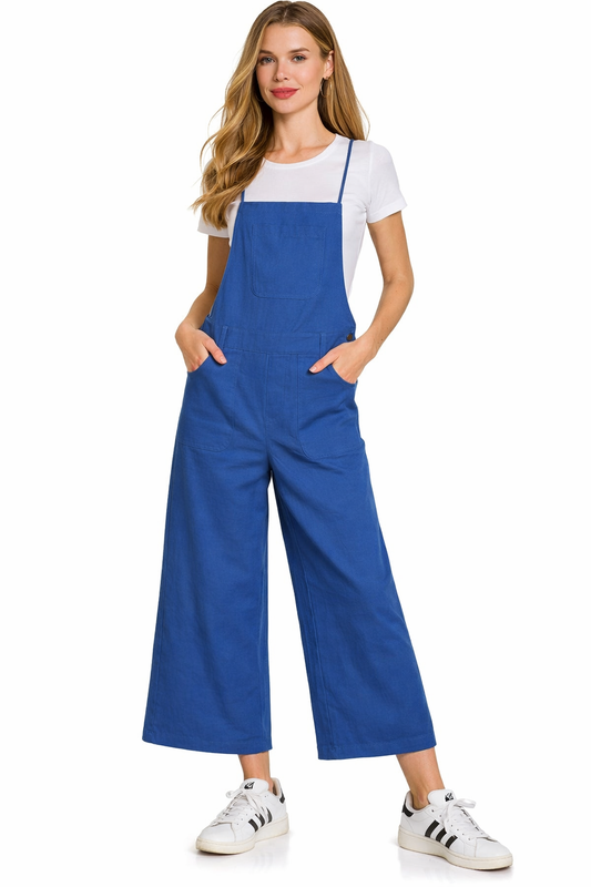 Blue Cotton Wide Leg Cropped Overalls