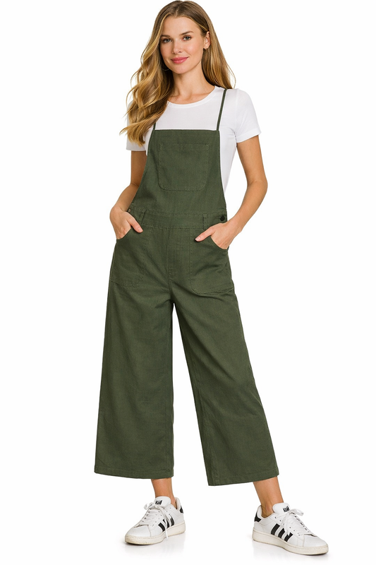 Olive Green Cotton Wide Leg Cropped Overalls