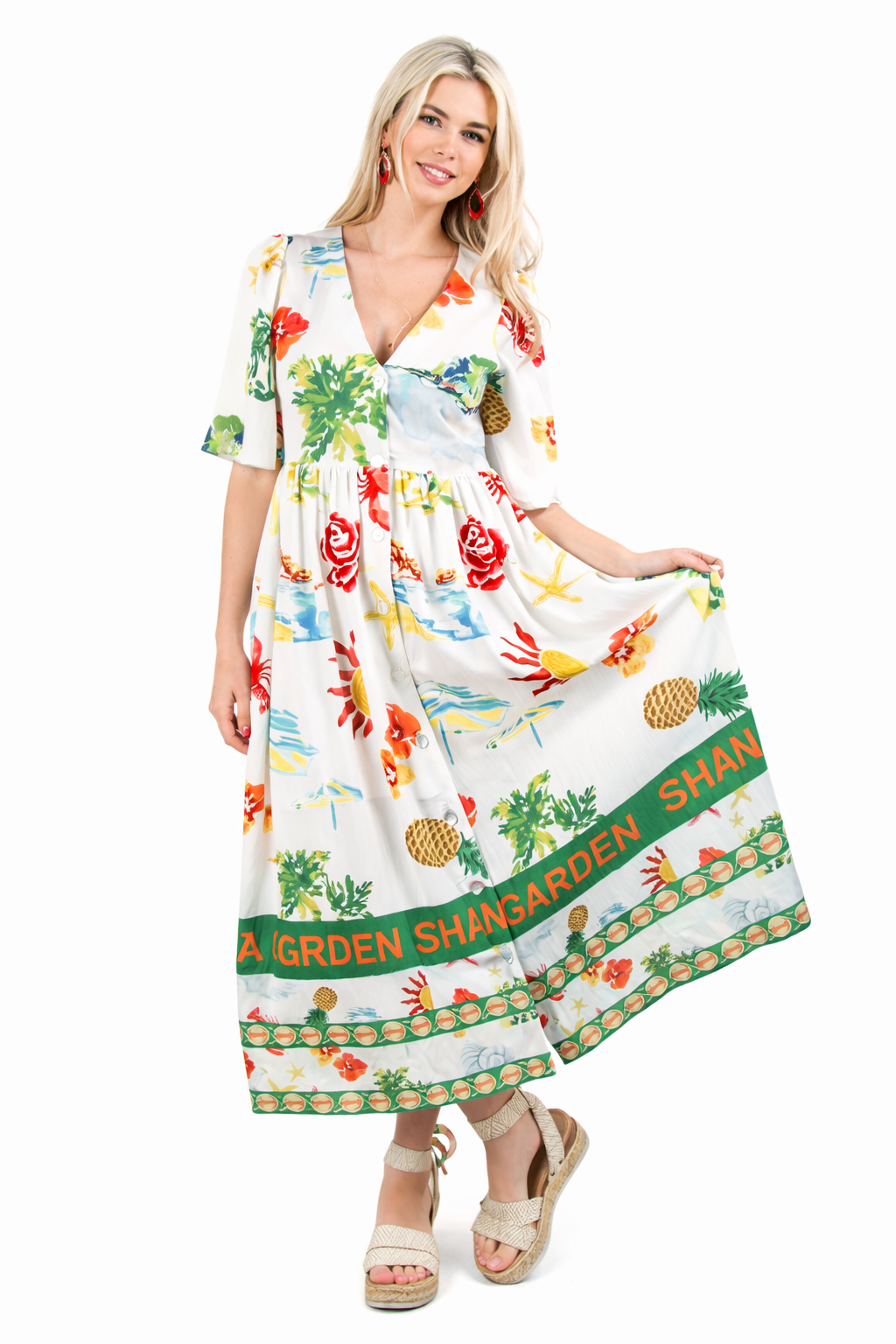 knee length dresses for ladies Rihoas V Neck Pleated Button Midi Dress for Women, Green / Xs