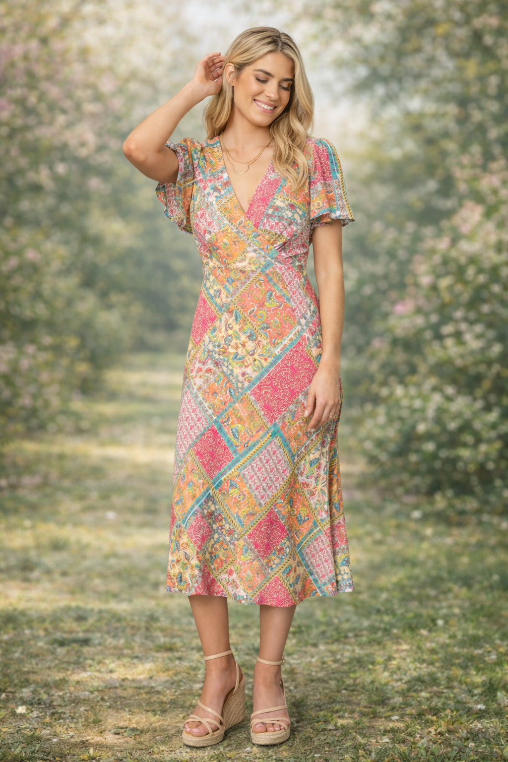 Georgette Patchwork V-Neck Maxi Dress Orange/Pink Combo - S Georgette Patchwork V-Neck Maxi Dress Orange/Pink Combo - S