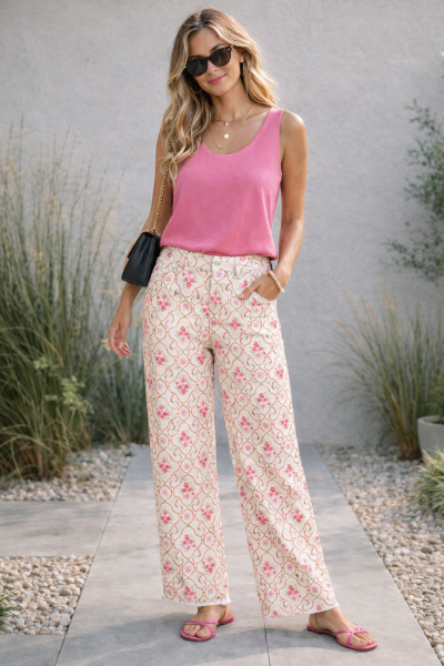 31" Inseam Trellis Floral Fray Hem Wide Leg Pant