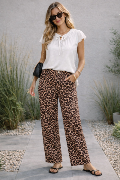 31" Inseam Natural Animal Fray Hem Wide Leg Pant