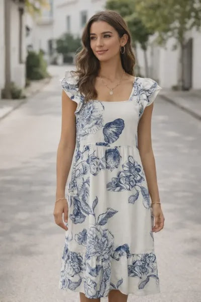 Toile Print Flutter Sleeve Midi Dress – Blue & Ivory