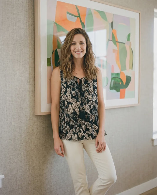 Leaf Print Challis Tie Front Tank
