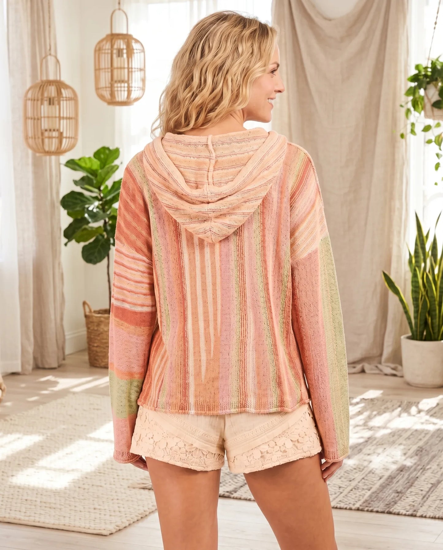 Textured Open Knit Striped Pullover Lightweight Hoodie Sweater