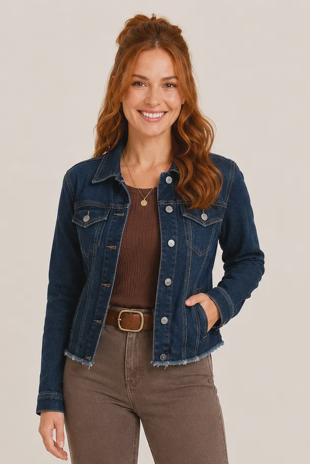 Frayed Hem Dark Denim Jacket
