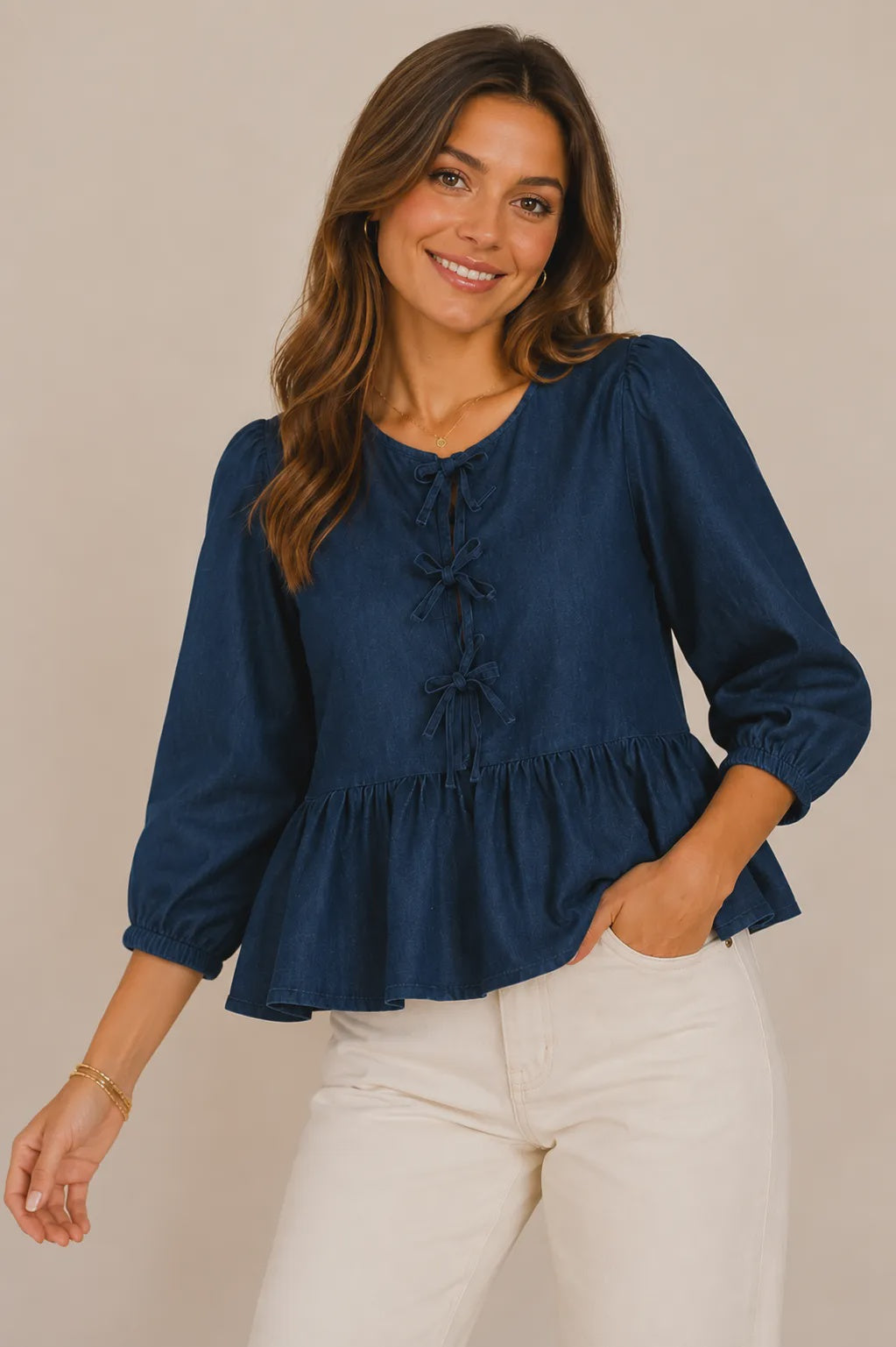 Denim Bow Tie-Front Peplum Blouse