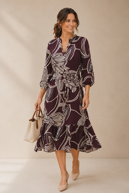 Plum Floral Balloon Sleeve Midi Dress