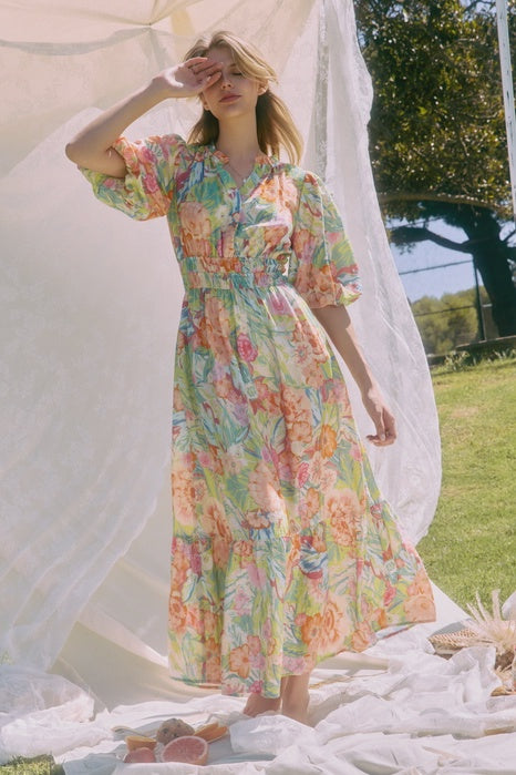 Oddi Floral Tiered Midi Dress with Puff Sleeves – Marigold Garden