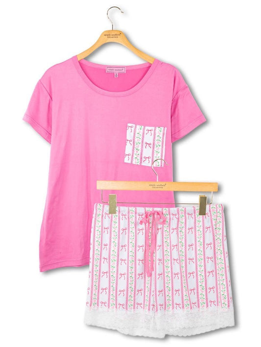 Simply Southern Pink Bow Stripe Tee & Lace Short Pajama Set