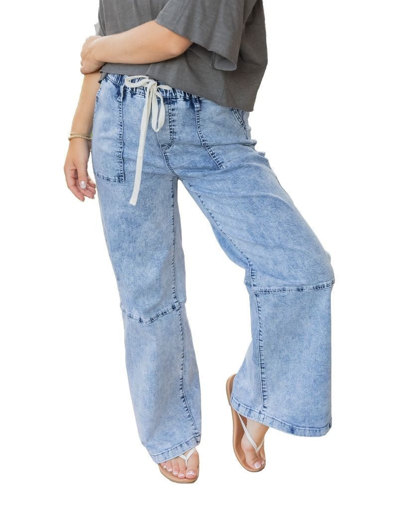 Relaxed Drawstring Utility Wide Leg Denim Pants