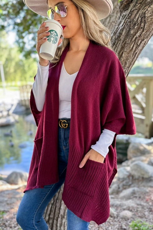 Burgundy Pocket Detail Knit Kimono Cardigan