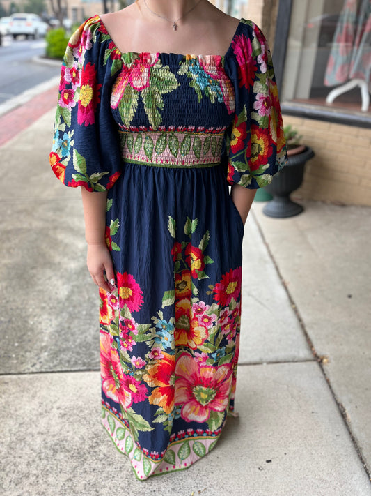 Giant Floral Border Maxi Dress with Smocked Top & Bubble Sleeves