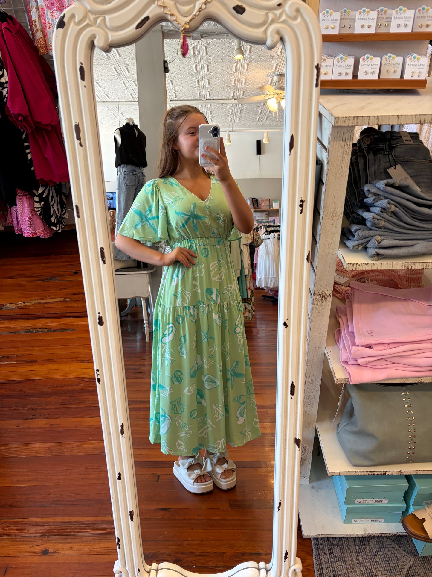 Coastal Motif Print Green V-Neck Midi Dress