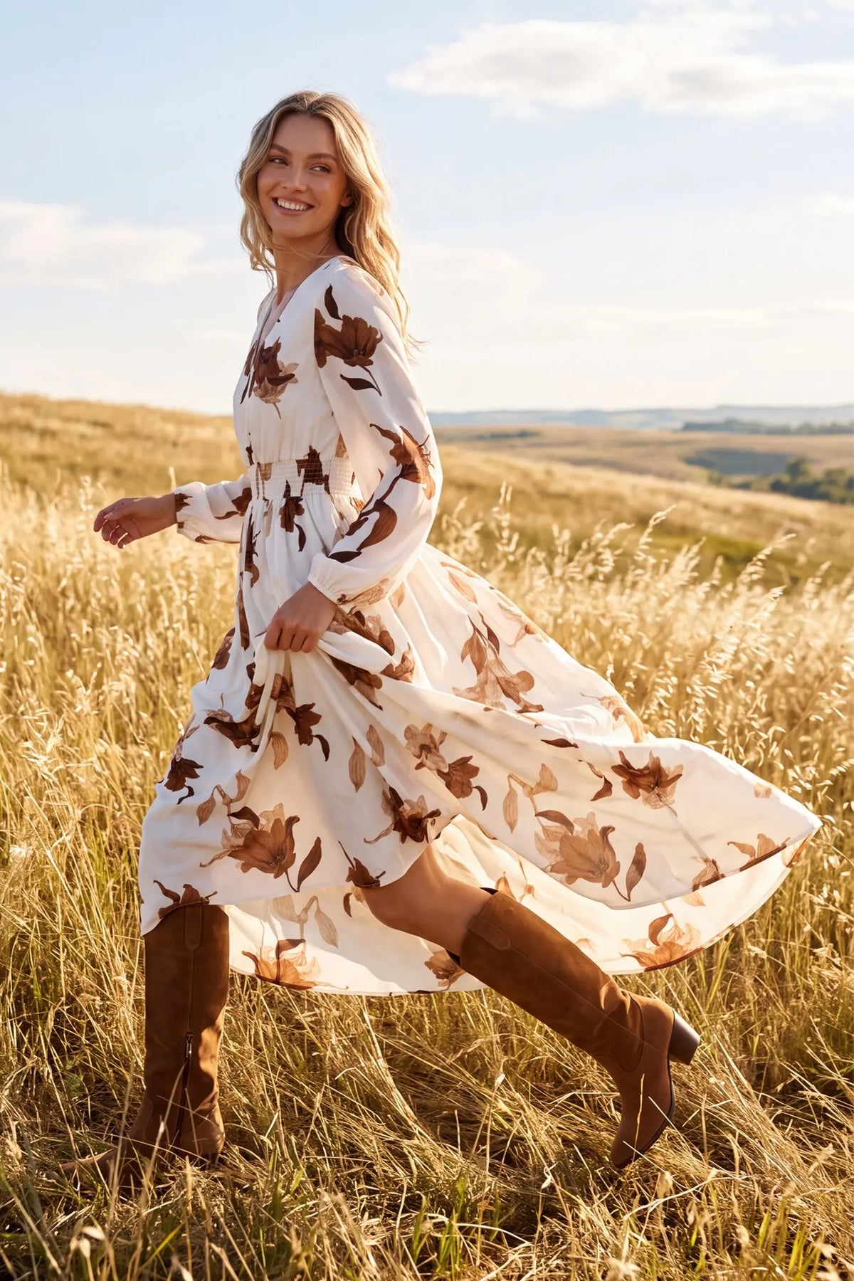 She and Sky Cream & Brown Floral Smocked Waist Maxi Dress with Pockets