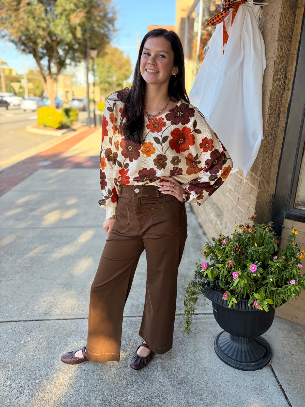 She and Sky Brown Washed Stretch Wide Leg Pants with Pockets