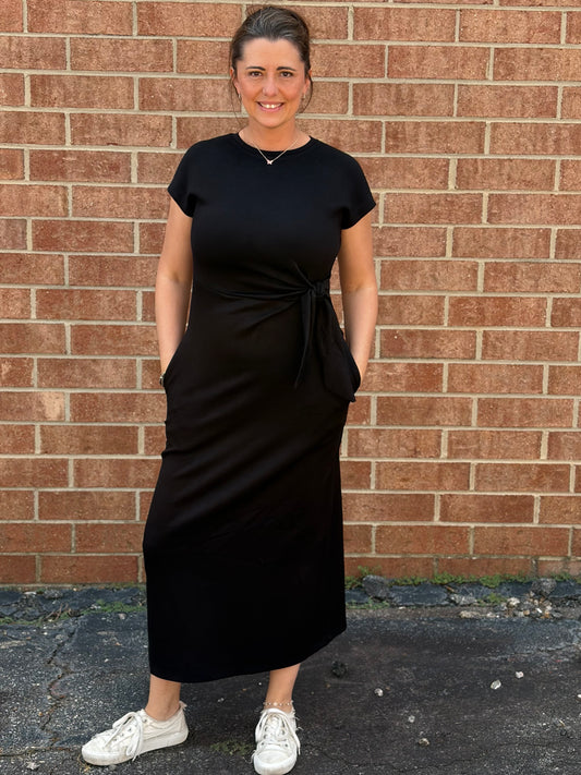 Entro Black Wrap-Style Side Tie Midi Dress
