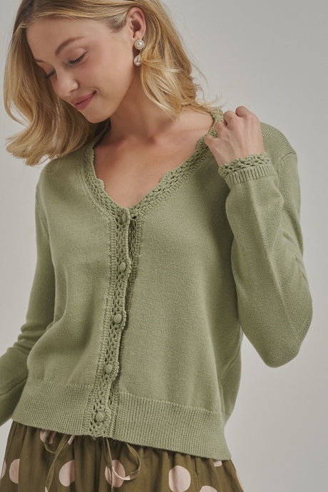 BON Lace Trim Button Front Cardigan – Sage