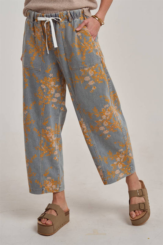 MR Orange Floral Print Drawstring Denim Jeans