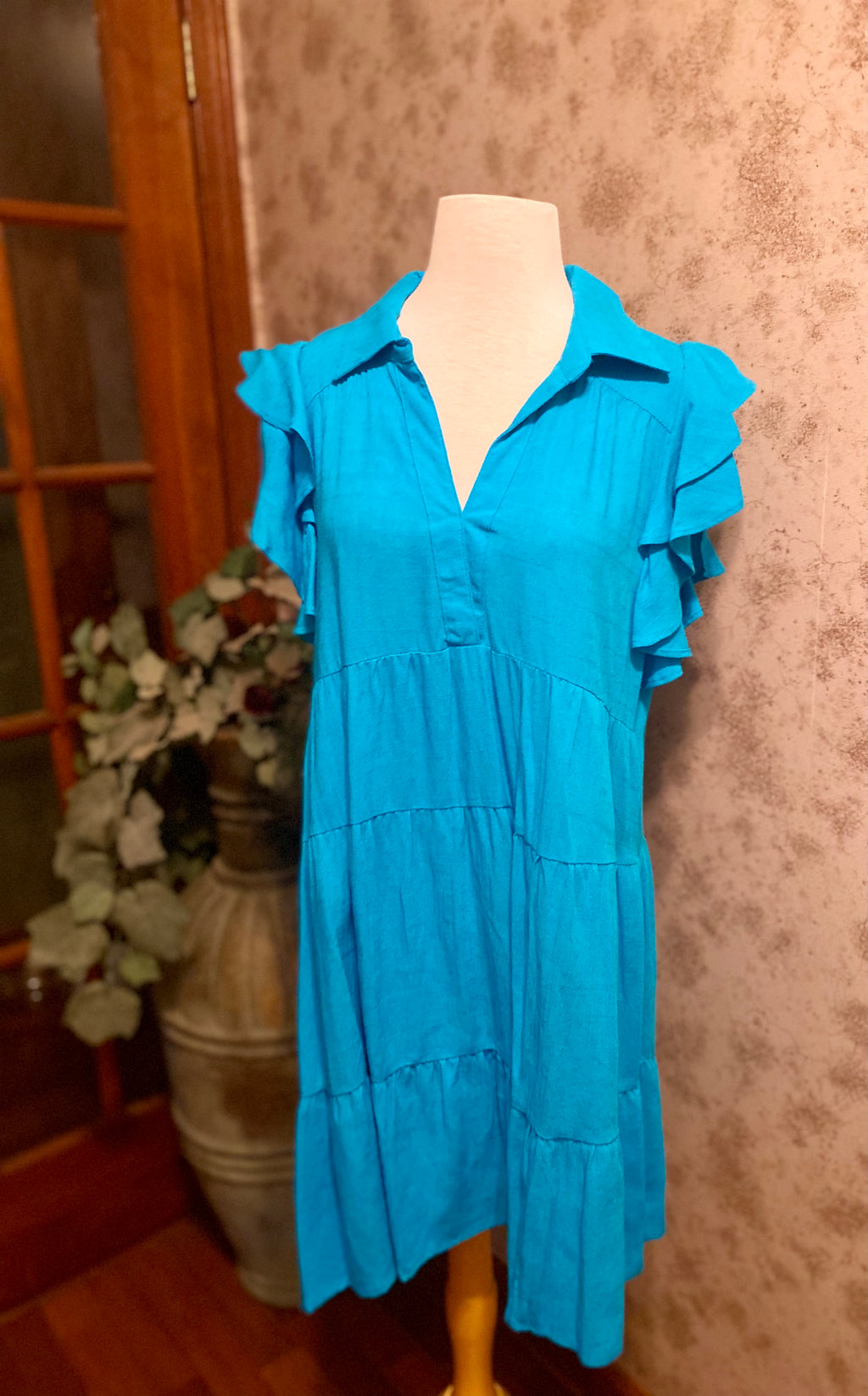 Umgee Turquoise Linen Blend Tiered Dress with Collar and Flutter Sleeves