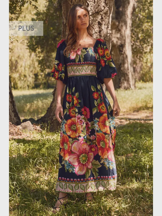 PLUS Giant Floral Border Printed Maxi Dress