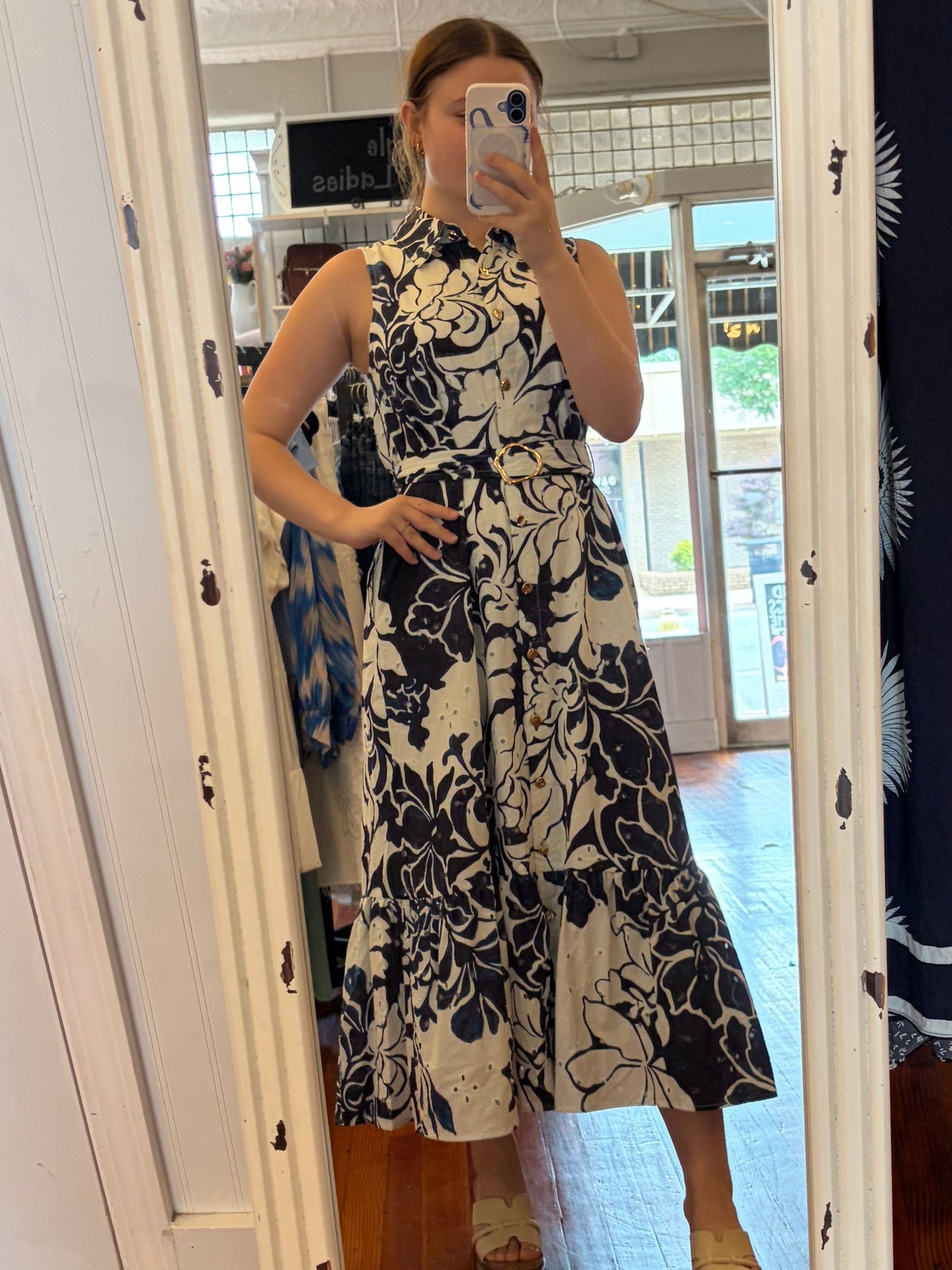 Entro Navy Floral Print Sleeveless Midi Dress with Tie Waist