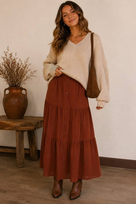 Button Front Tiered Maxi Skirt - Brown