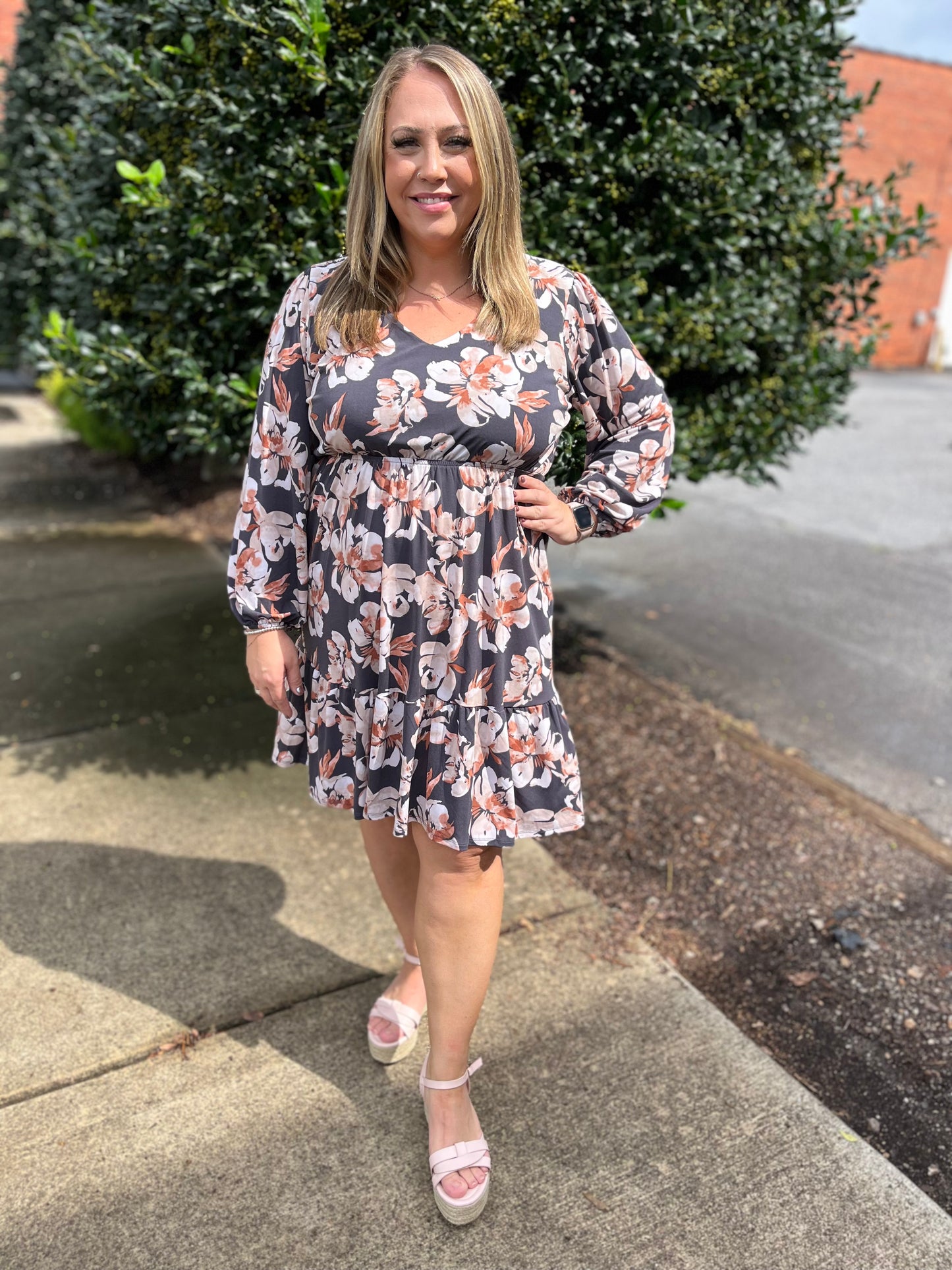 PLUS Charcoal Cream Floral Ruffle Dress