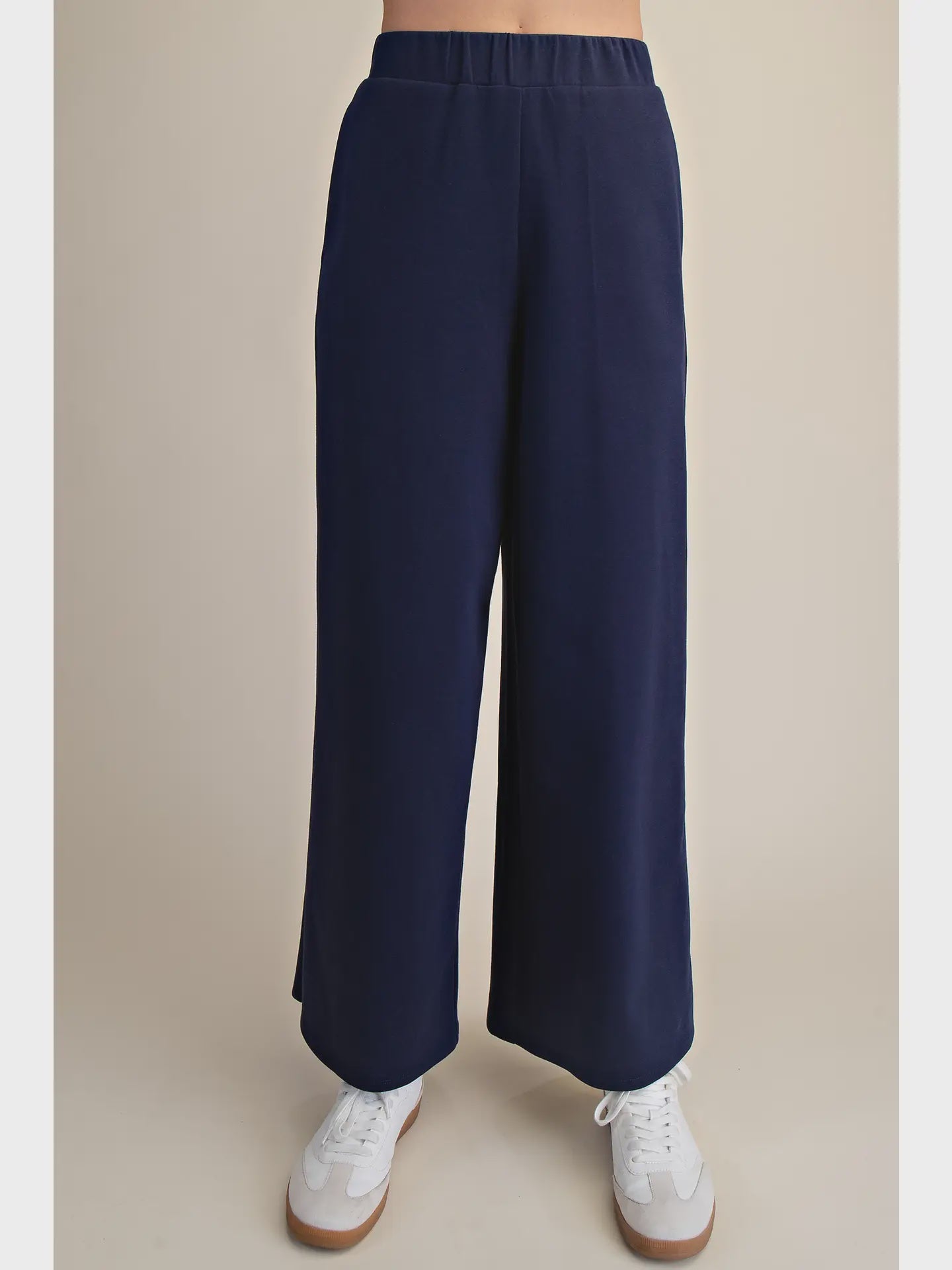 Glam Navy Elastic Waist Wide Leg Pants – Soft Business Casual Comfort