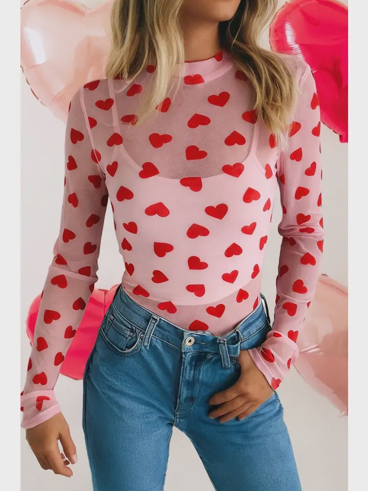 Valentine Hearts Sheer Mesh Mock Neck Top