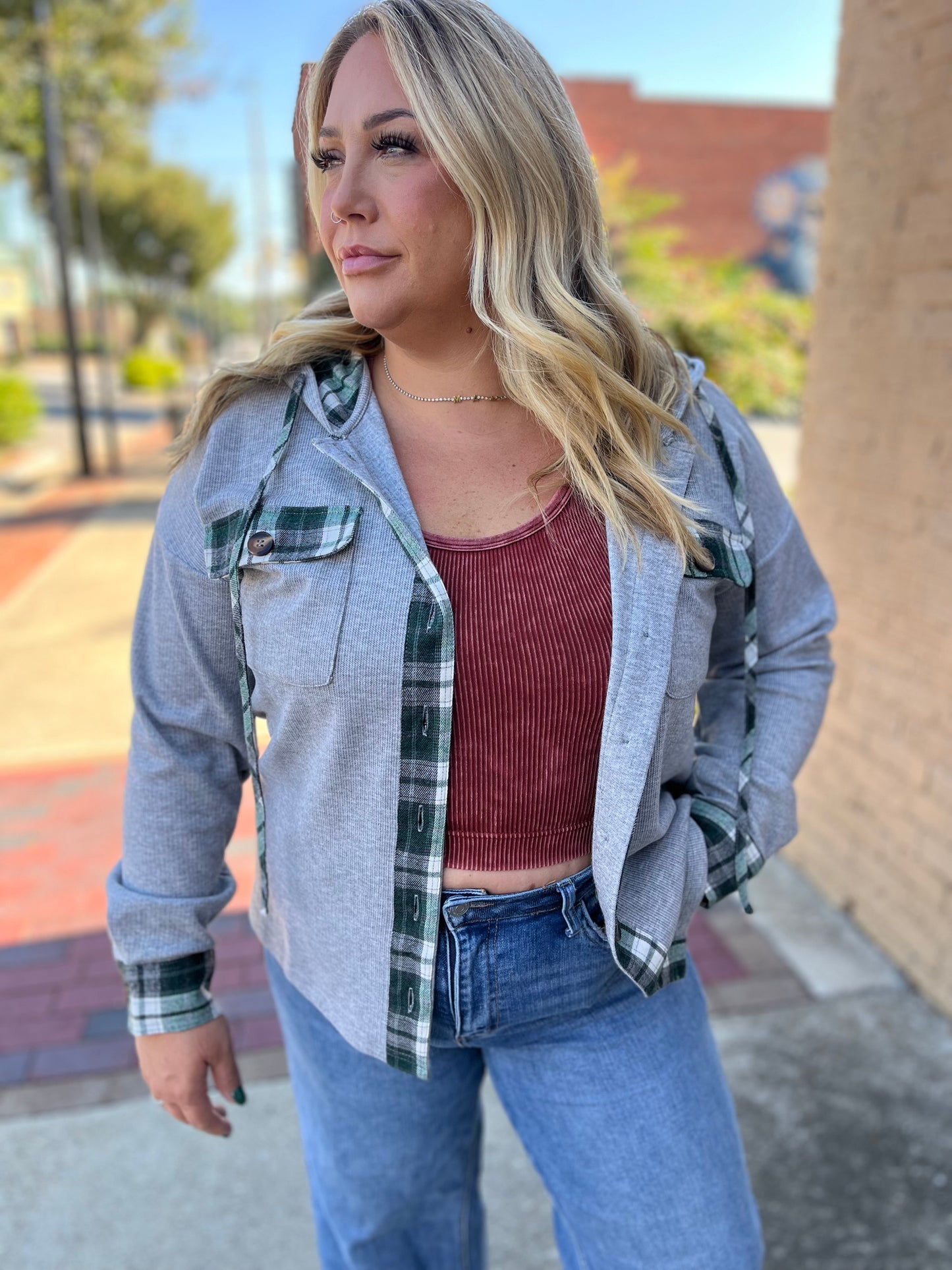 Heather Grey & Green Plaid Contrast Hoodie Shacket – Staccato