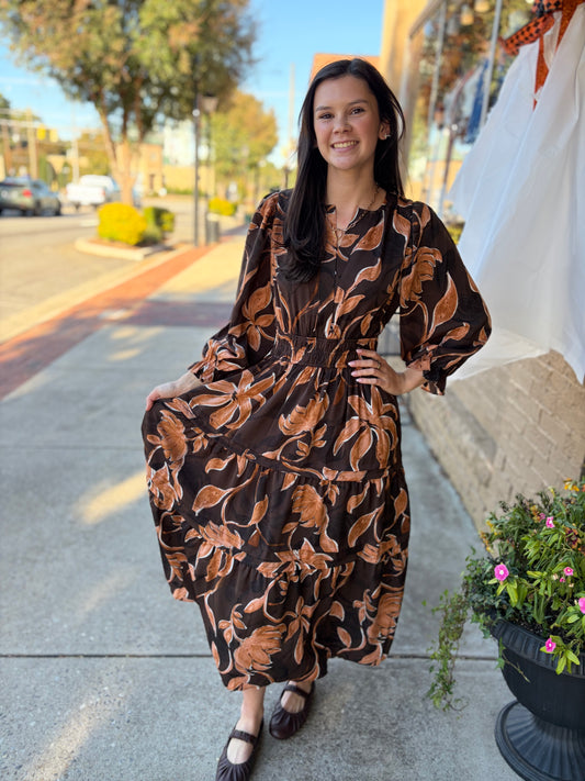 She and Sky Chocolate Brown & Tan Floral Tiered Midi Dress with Smocked Waist