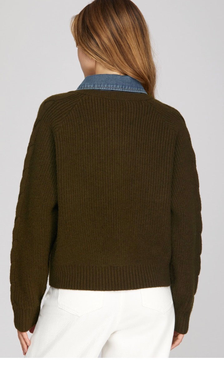She and Sky Brown Cable Knit Sweater with Washed Denim Collar