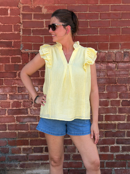 Umgee Ice Lemon Textured Ruffle Sleeve Top – V-Neck Flowy Blouse