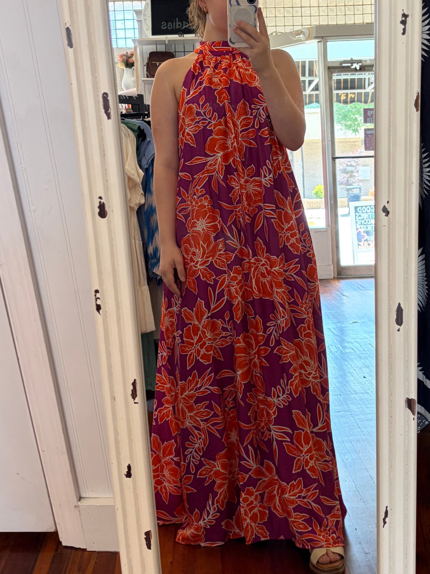 Entro Plum Floral Tie Neck Maxi Dress