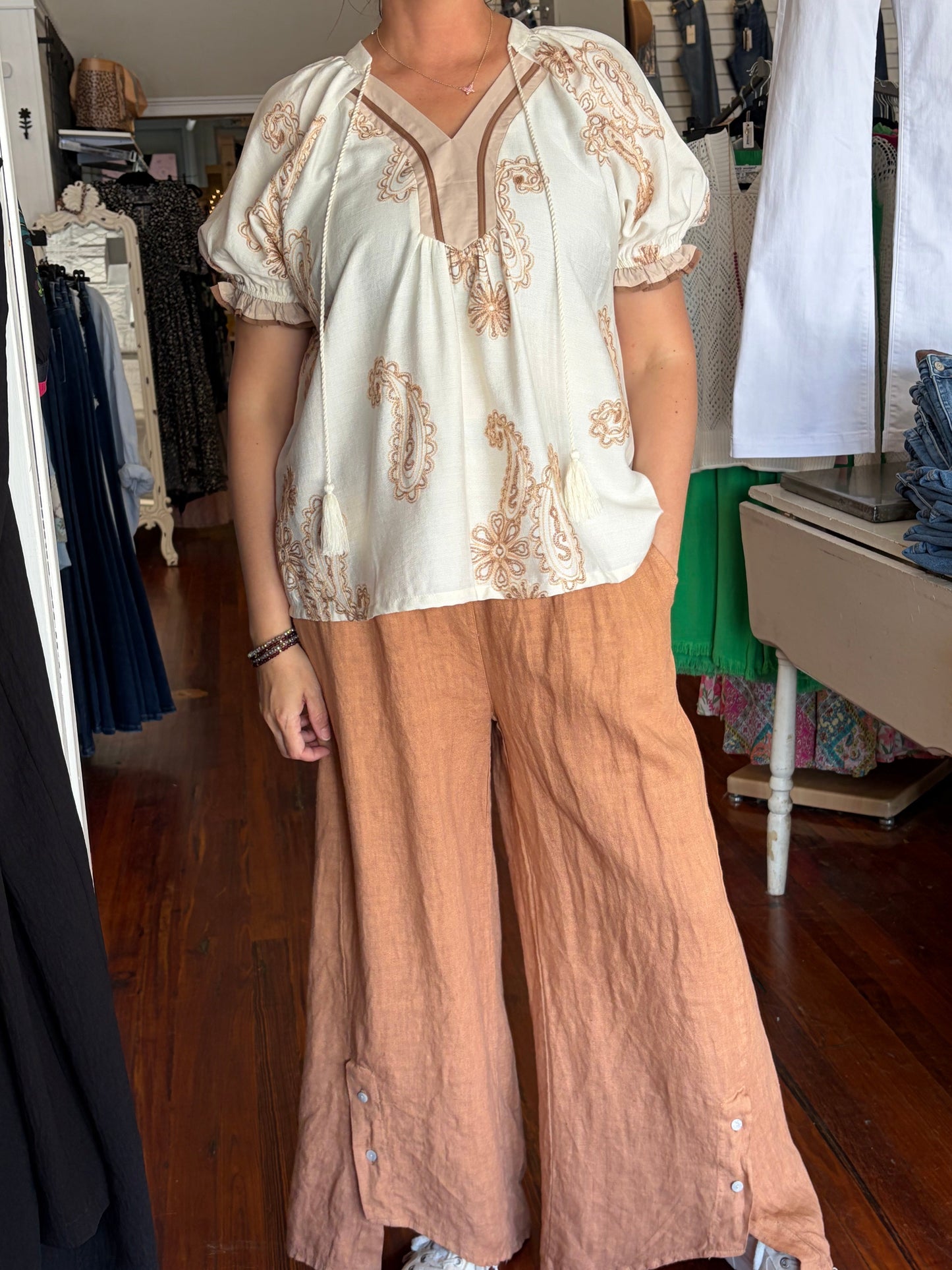 Umgee Latte Paisley Embroidered Top – Puff Sleeve Front Tie Blouse
