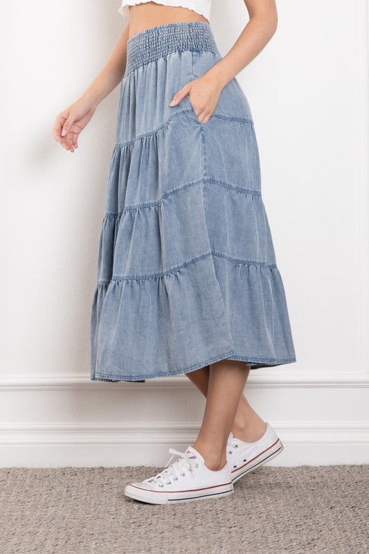 Light Denim Smocked Waist Tiered Ruffle Skirt – Women’s Midi/Maxi