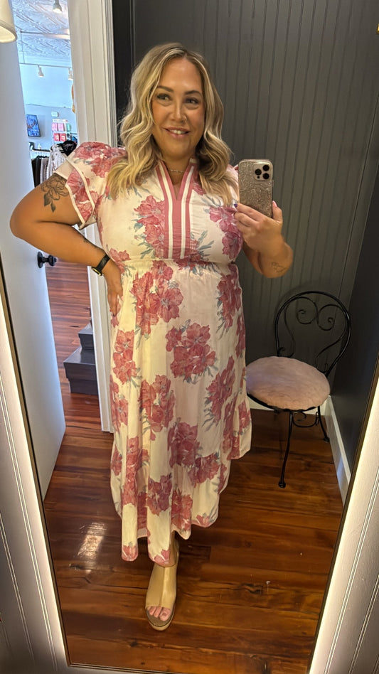 PLUS Umgee Pink Floral Flutter Sleeve Midi Dress