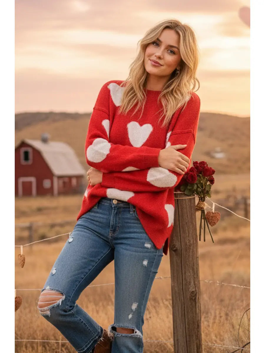Oversized Heart Knit Side Slit Sweater – Red & Ivory