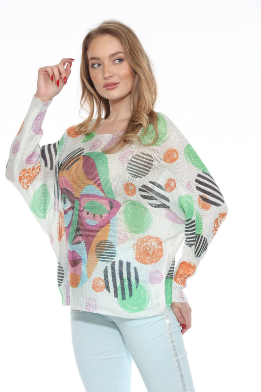 Italian Multi Color Abstract Face Mesh Top