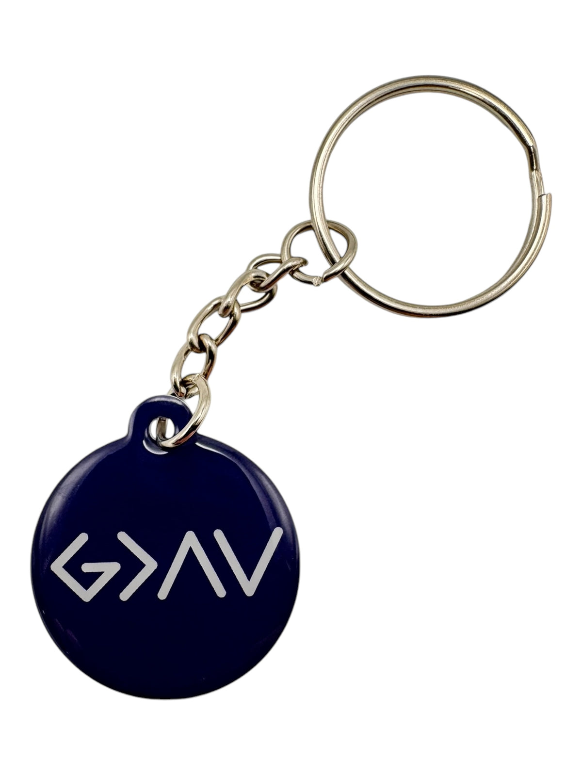 Navy + God Is Greater Prayer Tag Keychain