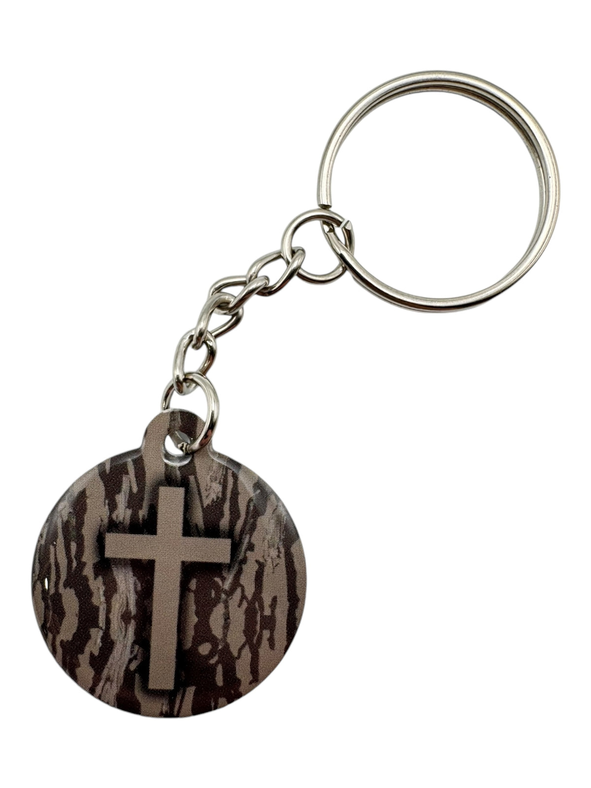Tree Bark Camo + Cross Prayer Tag Keychain