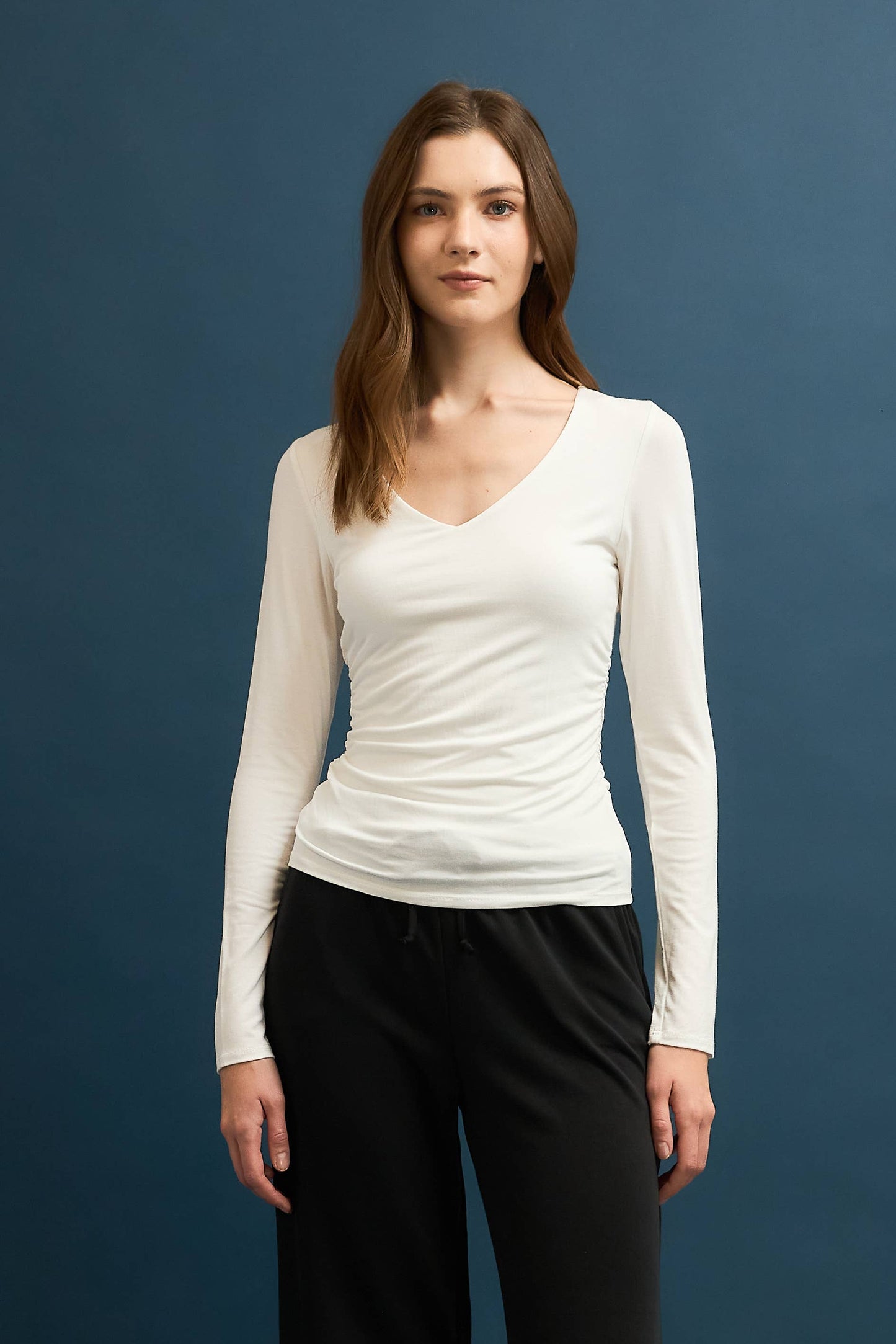 Ivory Double Layered Ruched V-Neck Long Sleeve Top