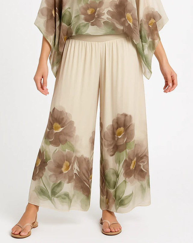 Italian Mystic Garden Silk Pants – Butter Cream Floral ONE SIZE