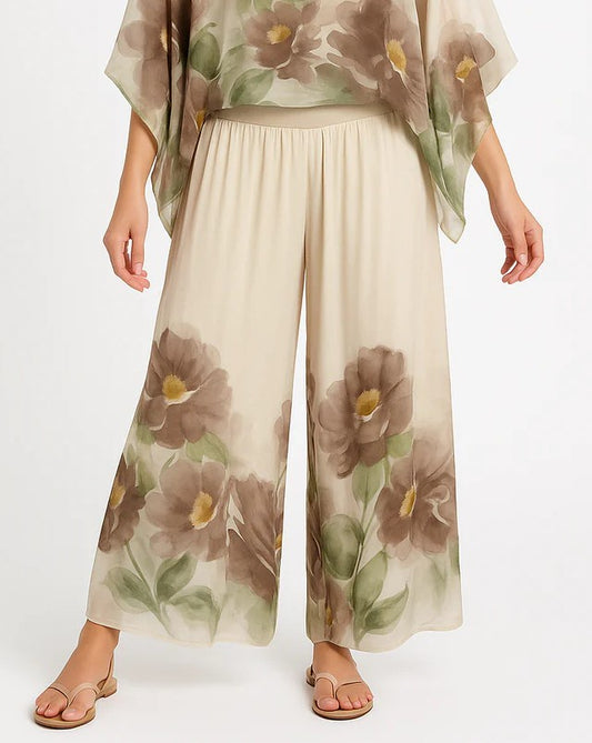 Italian Mystic Garden Silk Pants – Butter Cream Floral ONE SIZE