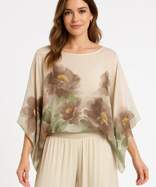 Italian Mystic Garden Silk Top – Butter Cream Floral ONE SIZE