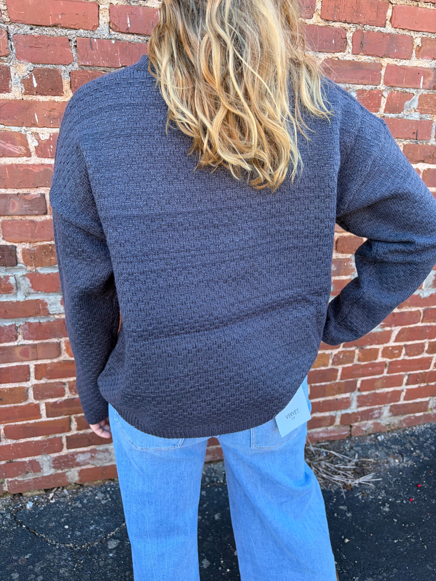 Madelyn Textured Color Block Crew Neck Sweater – Grey & Khaki
